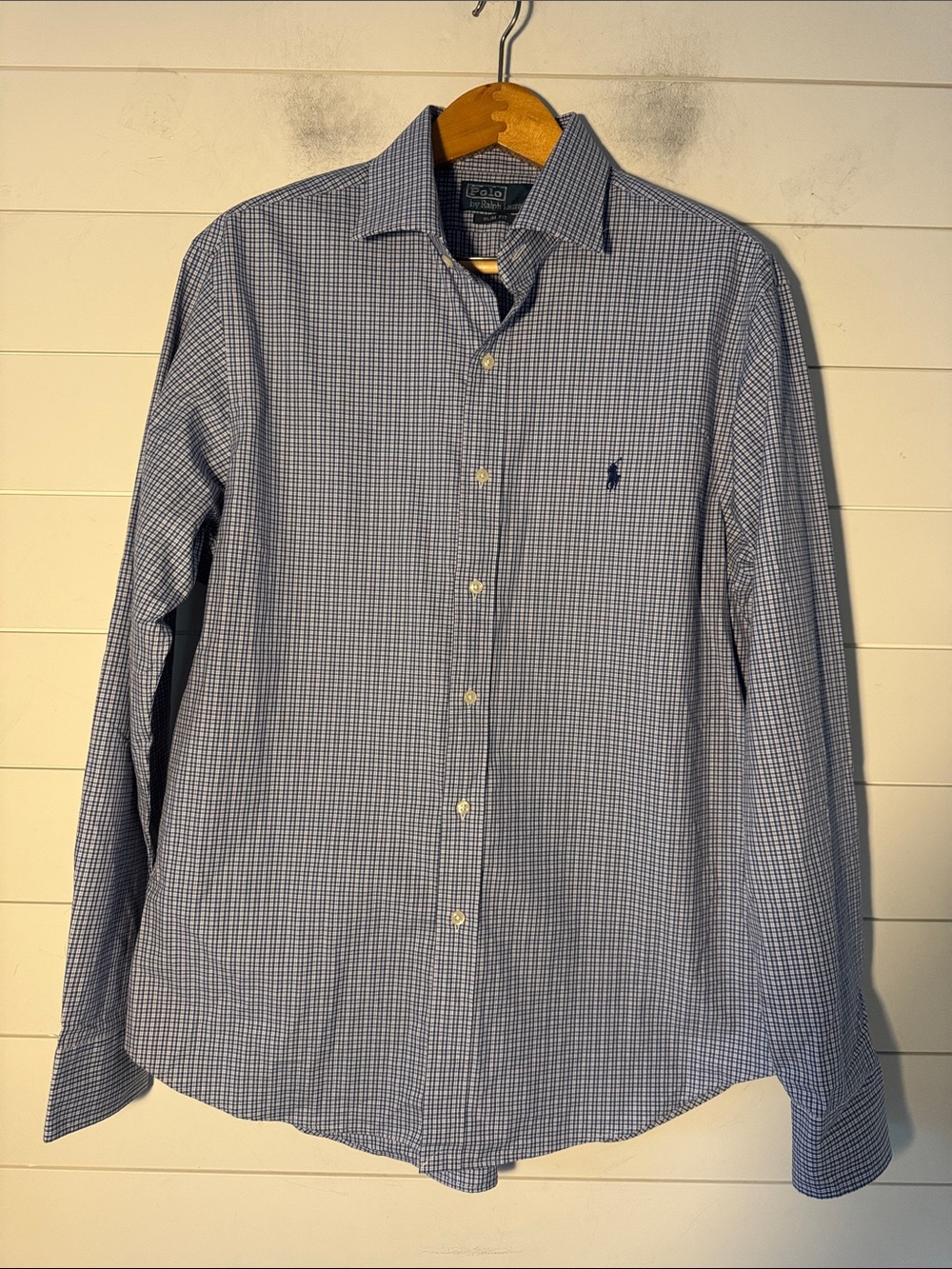 Polo Size 17/43 Slim Fit By Ralph Lauren Blue on Blue check Button Down 
Cotton